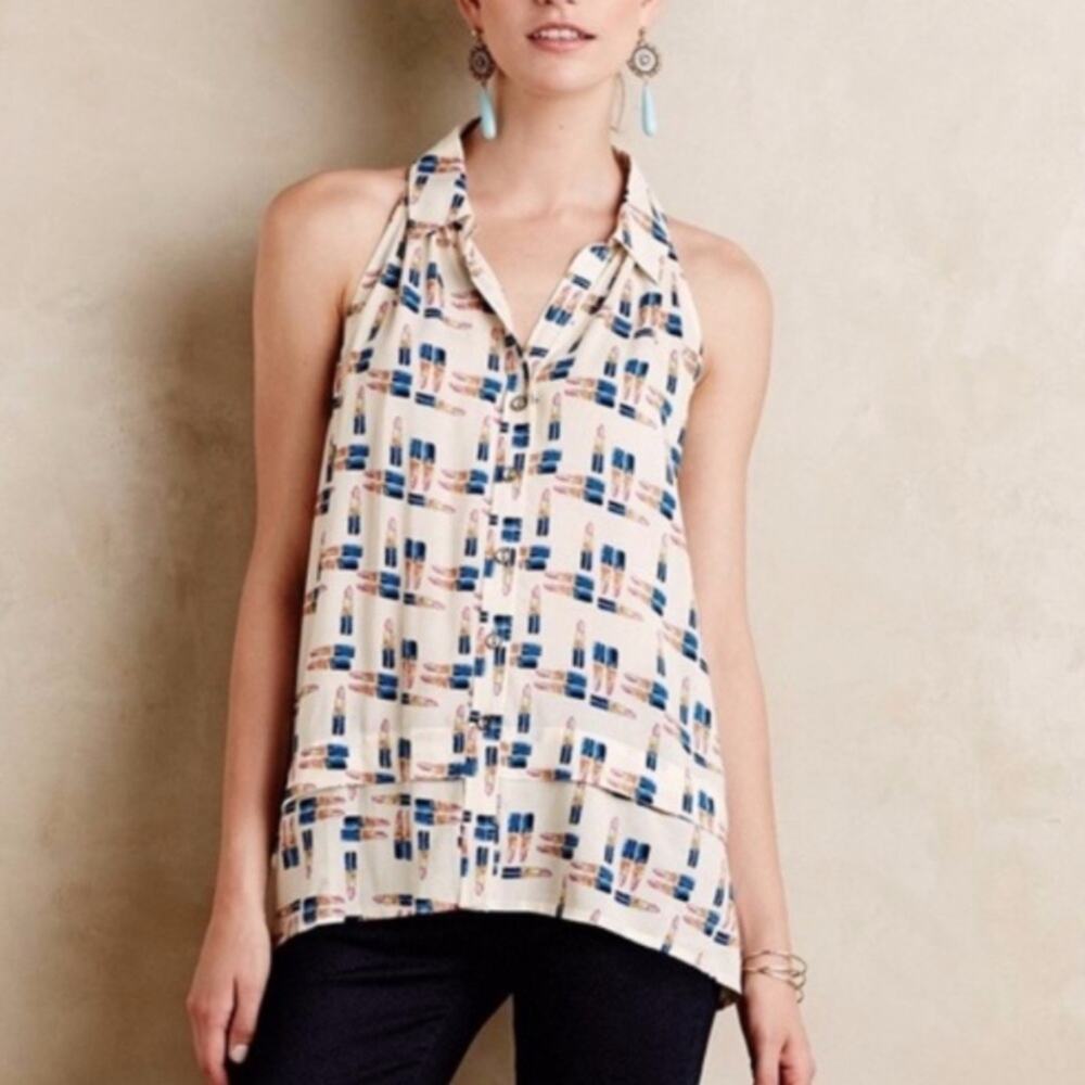 Anthropologie Maeve Button Dow Lipstick Cream/Blue Sleeveless Top